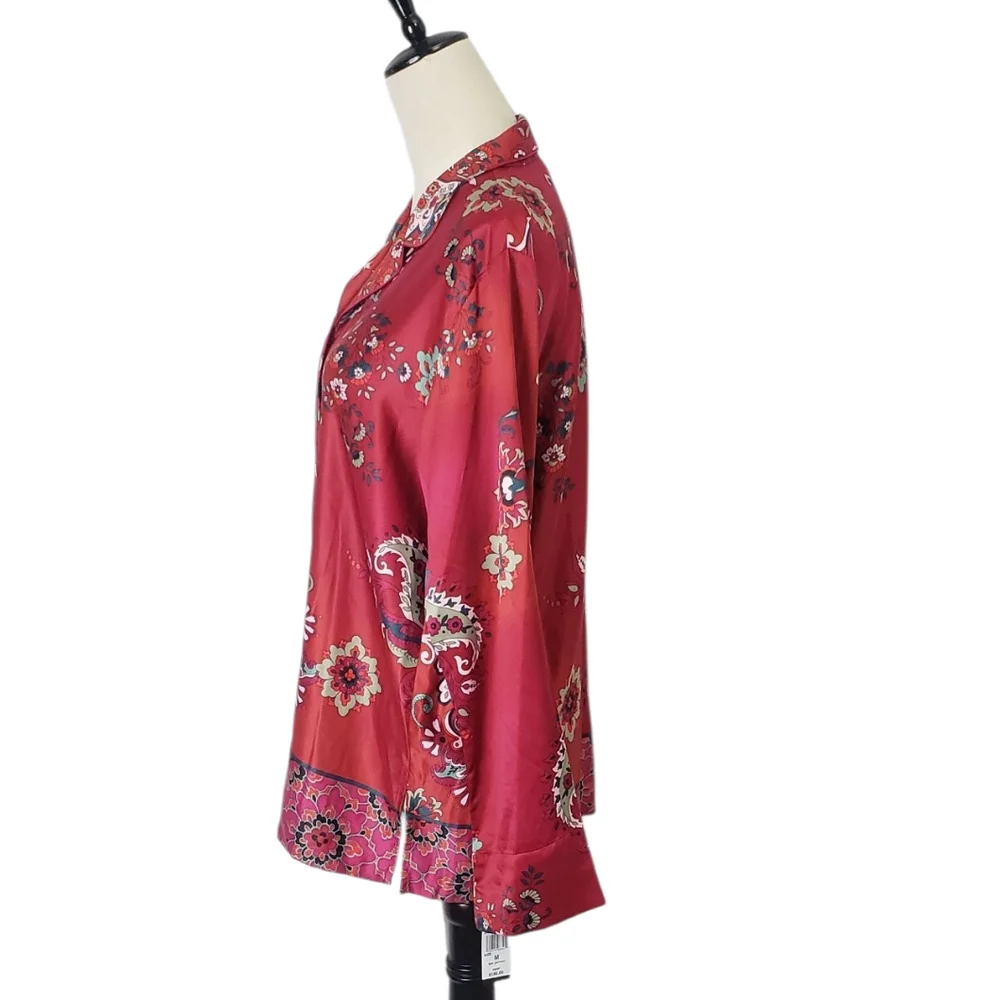 NWT Natori Satin Paisley Floral Button Front Pajama Top Artsy Asian